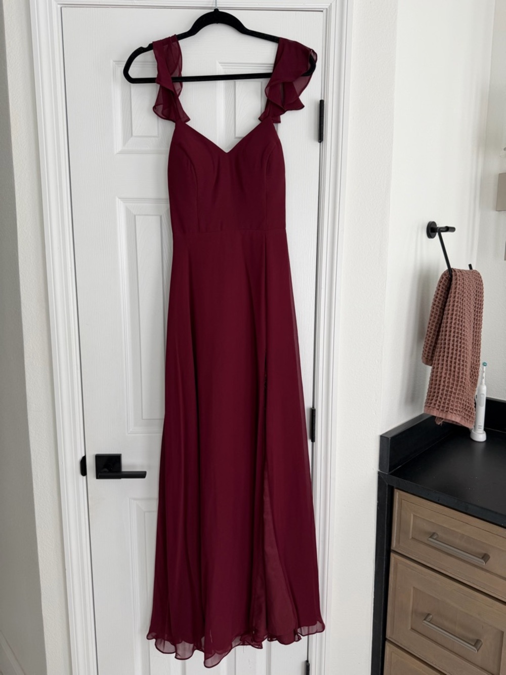 Azazie Burgundy Ruffle-Shoulder V-Neck Maxi Dress